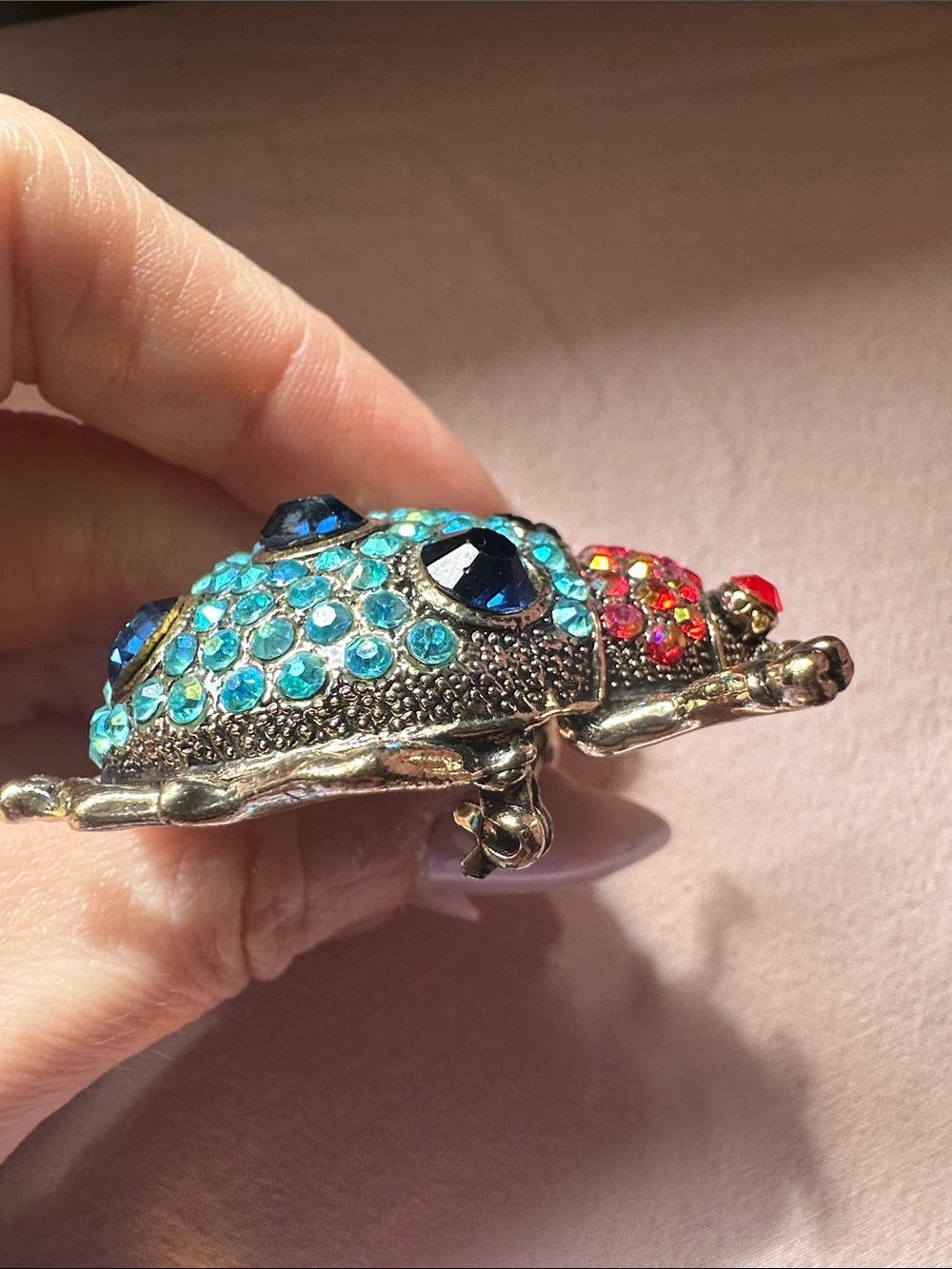 Gold Tone Iridescent Jeweled Beetle Brooch - Picture 13 of 17
